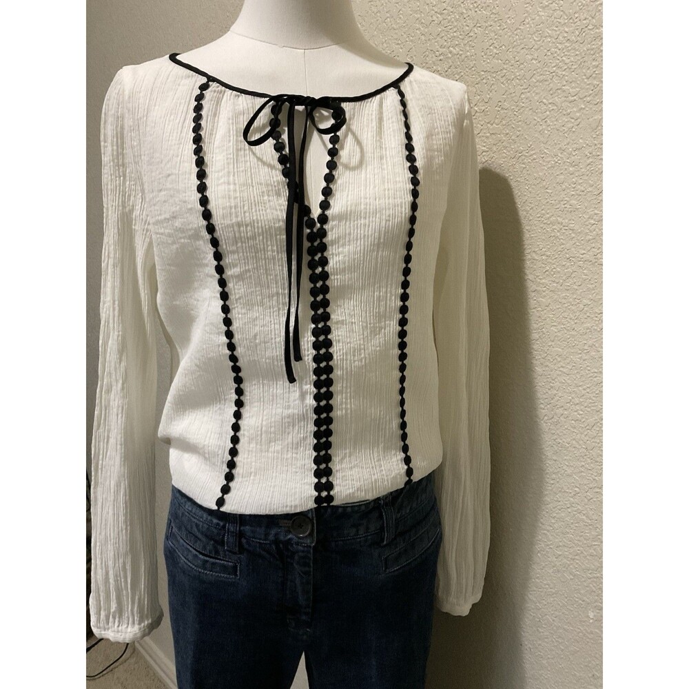 LOFT, Women’s Long Sleeve Cotton Blouse, White, Black Trim, Size: M